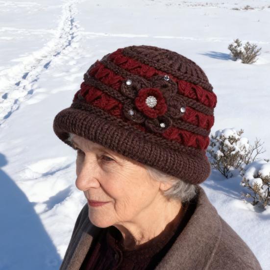 Winter Basin Hat Floral Design Soft Velvet Thermal Insulation Middle-Aged Elderly Women Knitting Hat Headwear