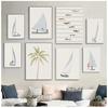 Minimalist Beach Ocean Floral Wall Art, Sailboat Canvas Painting, Pool Posters & Prints, Pictures for Living Room Decor