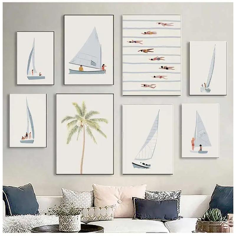 Minimalist Beach Ocean Floral Wall Art, Sailboat Canvas Painting, Pool Posters & Prints, Pictures for Living Room Decor