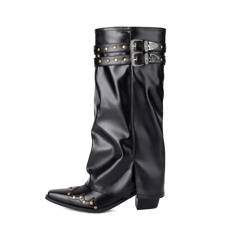Fashion Metal Rivet Belt Buckle Western Cowboy Knee High Boots Fashion Square Headed Knight Boots Shiny Cool Spicy Girl Motorcycle Boots