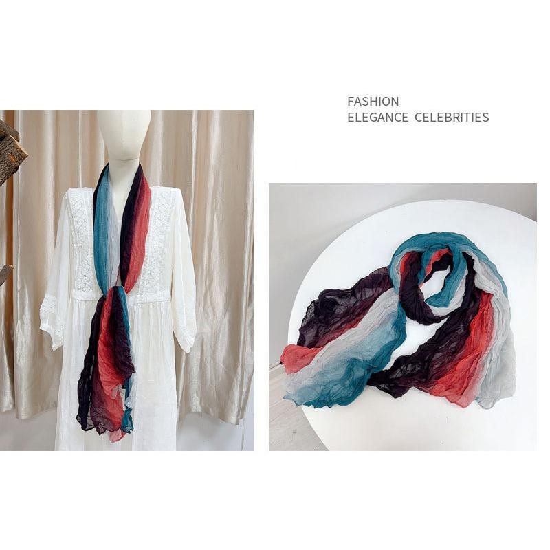 Retro Pleated Color Matching Gradual Change Scarf Soft Versatile Slender Silk Scarf Women'S Warm Neck Scarf Shawl