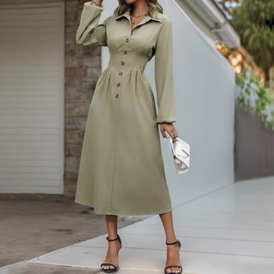 Damska Wiosenno-Jesienna Sukienka Jednoczęściowa z Długim Rękawem, Klapami, Jednokolorowa, Dopasowana, Casualowa, Biurowa