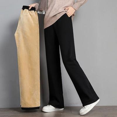 Women Autumn Winter Fleece Lining Pants Elastic High Waist Straight Wide Leg Pants Solid Color Loose Fit Long Trousers
