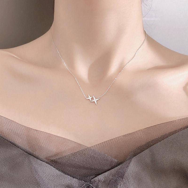 925 Sterling Silber Polaris Halskette Exquisiter Zwei-Sterne-Anhänger Geschenk für Mädchen Mode Hochzeitsschmuck