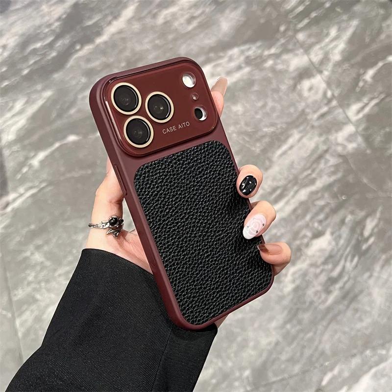 Lichee Pattern PU Leather Phone Case For For Iphone 17 16 1 14 Pro Max Hard PC Camera Large Window 17promax Cover