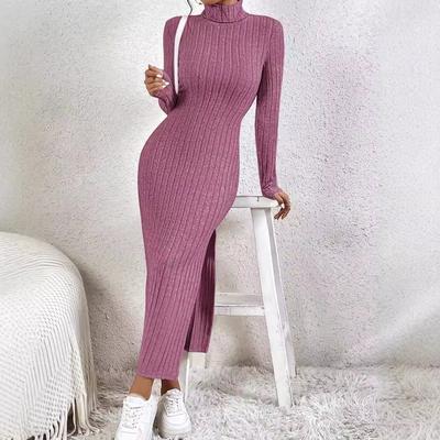 Autumn Winter Solid Long Sleeve Turtleneck Maxi Dress Women's Elegant Side Slit Skinny Elastic Knitted Dresses Women Clothing