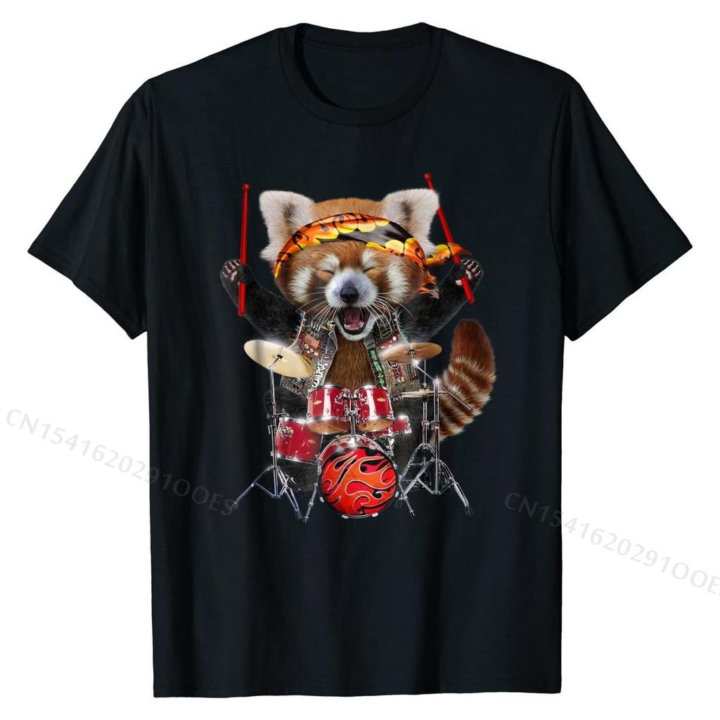 Punk Red Panda Play Drum In Heavy Metal Band - T-Shirt Europe Top T-shirts for Men Cotton Tops & Tees Personalized Classic
