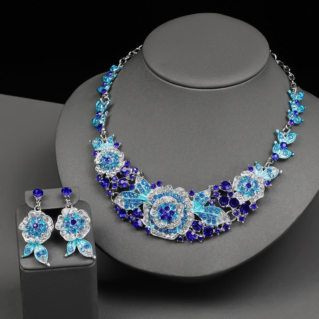 3pcs Luxurious Flower Rhinestone Bridal Zircon Set Exquisite Heavy Industry Dance Party Necklace Earring Decoration