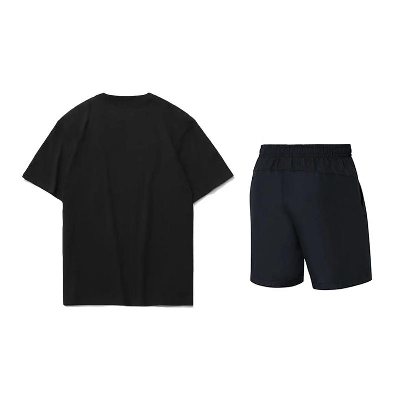 Li Ning Logo Print Buchstaben Rundhals Kurzarm T-Shirt und Mid Waist Shorts Lässiges Sportset Unisex Sets Schwarz AHST791-1+YKST119-1