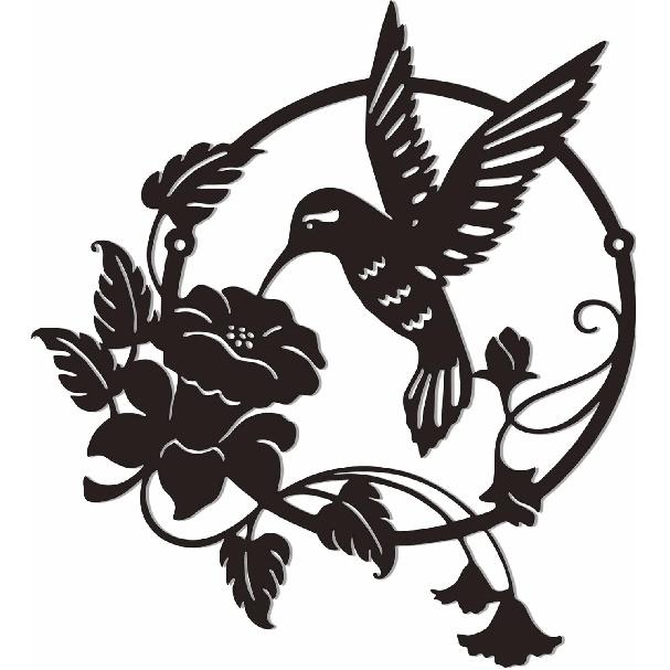 CHIUIN Metal Bird Wall Art Decor Garden Living Room Decor Metal Bird Wall Silhouette Hummingbird Flower Wall Art Hanging Decoration Gift (10in,Black)