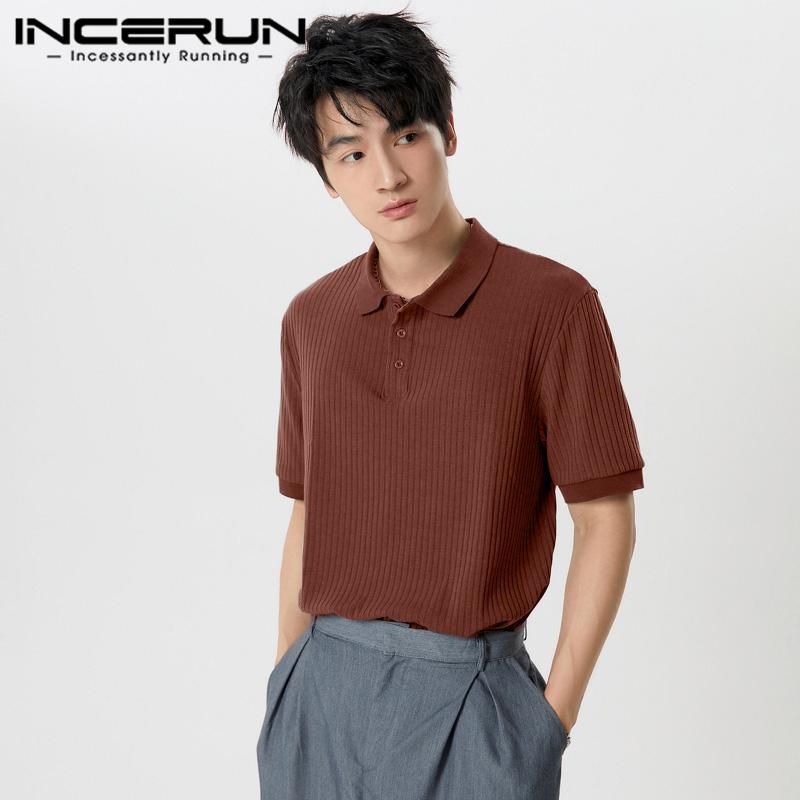 

INCERUN Мужские трикотажные топы с коротким рукавом, повседневные полосатые узкие рубашки