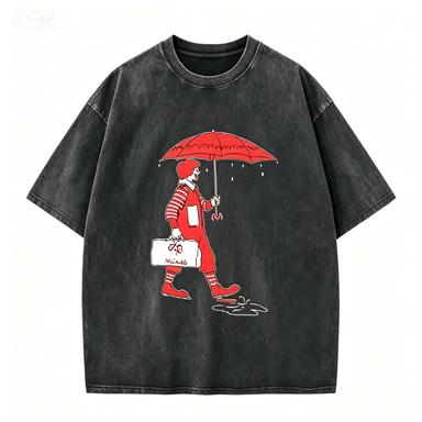 2026 New Washed Cotton Tshirt with Cartoon Clown Print Casual Streetwear Top