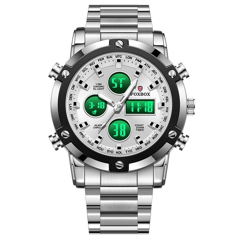FOXBOX Digital Mens Watches Full Steel Strap Quartz Wristwatch 3 Time Back Light Display Countdown Clock Relogio Masculino