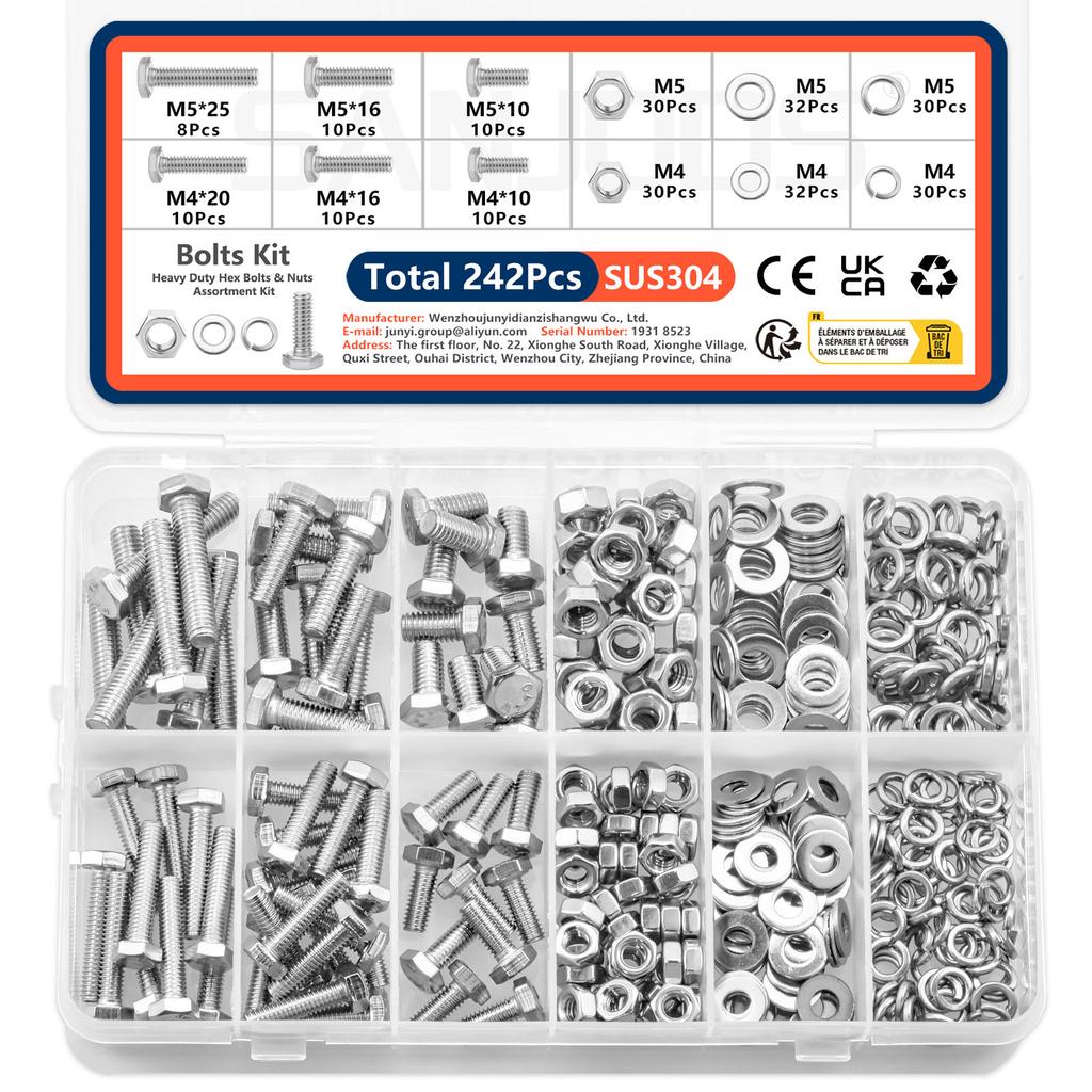 242pcs Stainless Steel Hex Head Nuts and Bolts Assortment Kit M4 M5 Sizes with Flat & Spring Lock Washers In Storage Case