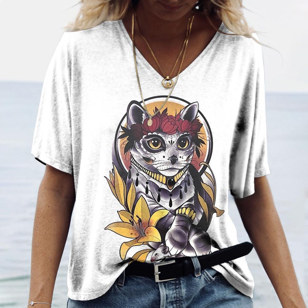 2025 Summer New 3D Cat Print Tee Loose Retro Women's V-neck Short Sleeved Street Style T-shirt Casual Top
