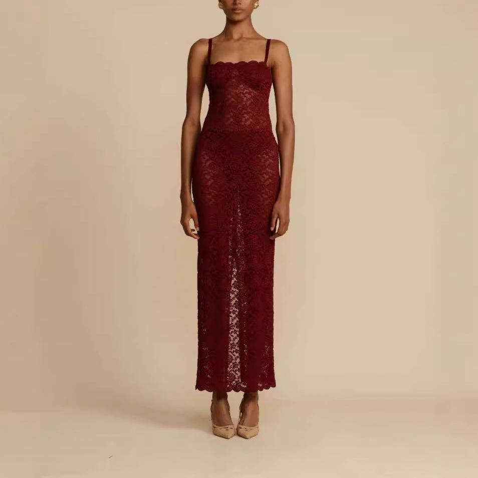 

European & American Sexy Lace Slim Suspender Dress for Women Small червоний