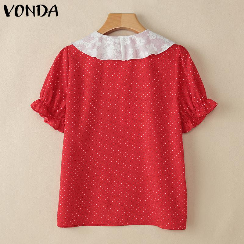 VONDA Summer Women Lace Neck Short Puff Sleeve Ruffled Polka Dots Casual Tops Blouse