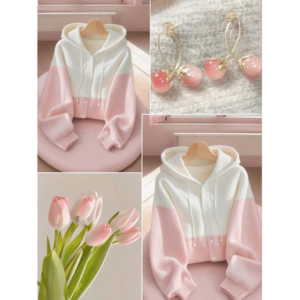 Pink and white splicing with hooded knitted cardigan sweater women's new seasonal Korean atmosphere top