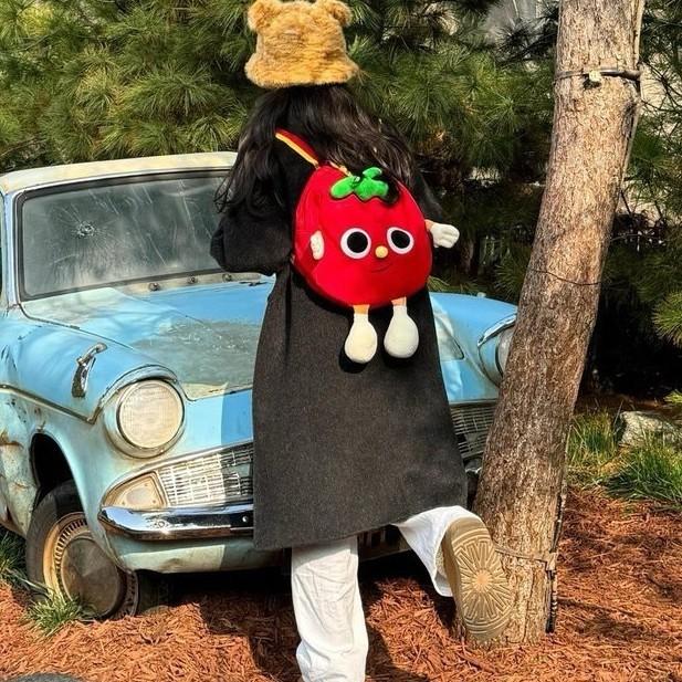 Canvas Cartoon Tomato Plush Backpack With Fun Cartoon Pattern Students For
