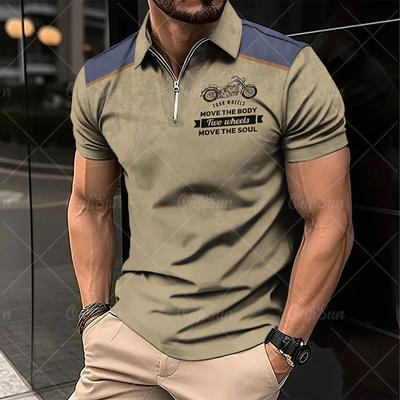 Męska retro koszulka polo z krótkim rękawem, klasyczny kołnierzyk i półzamek, wzór motocyklowy, duży rozmiar streetwear, lato