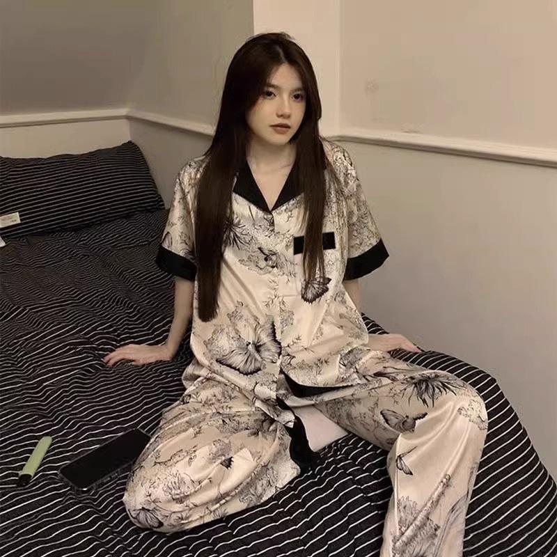 Women's Ice Silk Pajamas - Summer Cute Bear Design, Cartoon Style, Short Sleeve, Long Pants, High-End Feel, Homewear