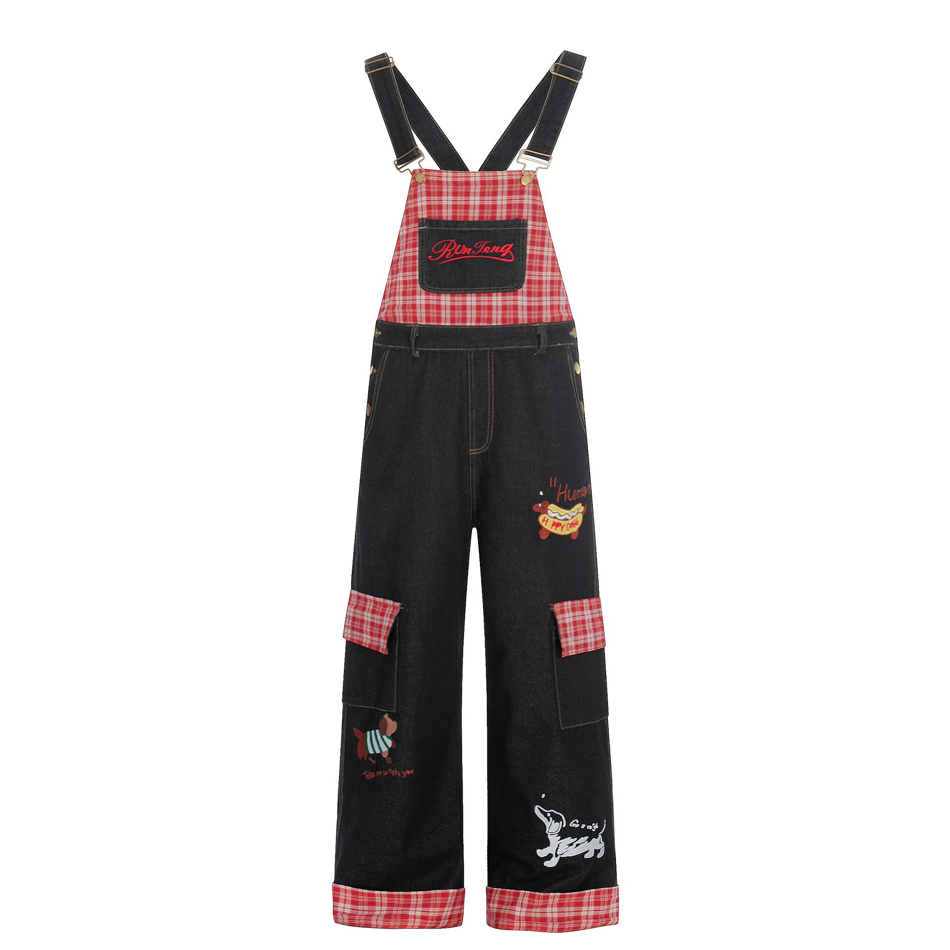 Women s Summer Retro Dog Cartoon Embroidered Wide-Leg Jeans Jumpsuit M чёрный