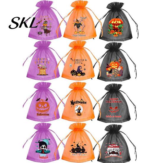 Gift Packaging Bag 12 Pcs Halloween Organza Candy Bag, Drawstring Treat Pouch with Pumpkin Ghost Bat Kids Pouches Print, Sheer Favor for Party Snacks,