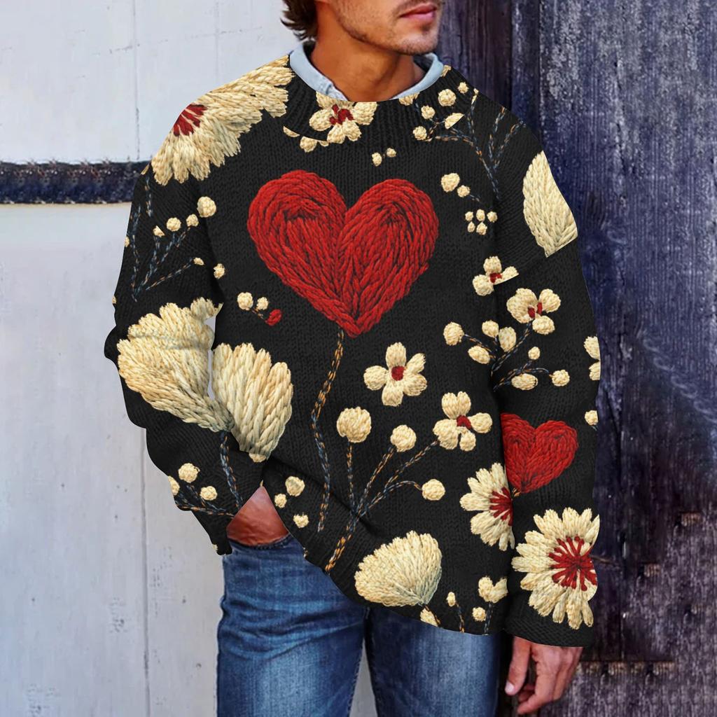Men's Fashion Casual Long Sleeves Valentine's Day Gentle Printed Crewneck Wool Knitted Flower Imitation Sweater Crewneck Hoodie Loose Long Sleeves