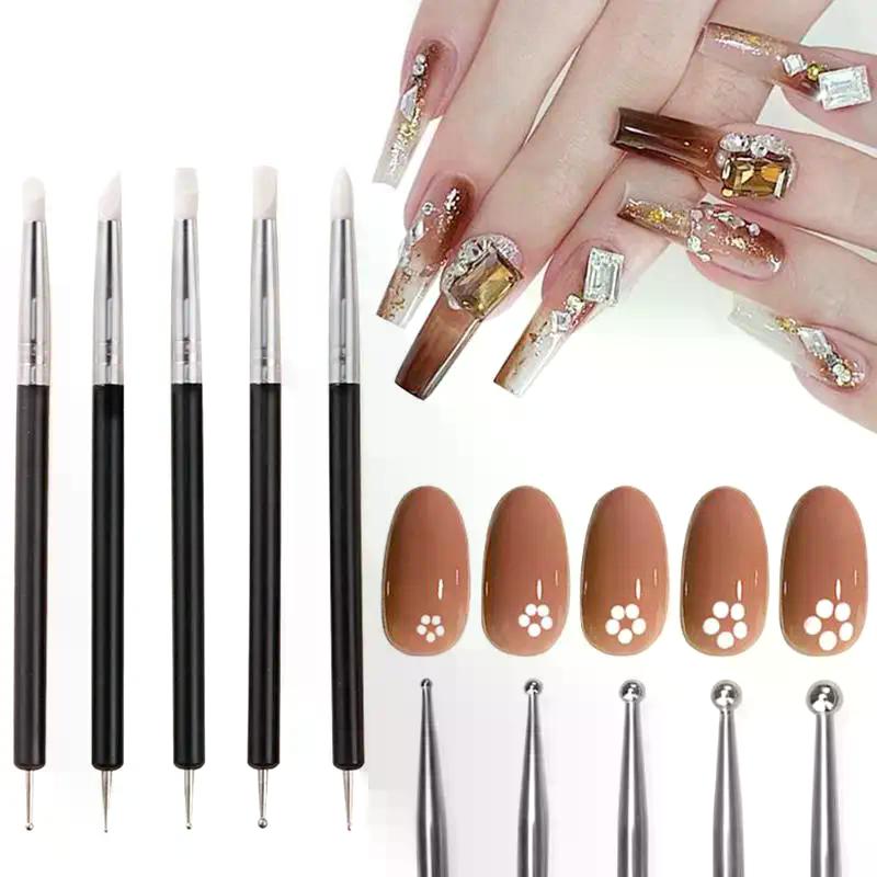 5Pcs/Set Double-Headed Silicone Nail Art Pens Rhinestones Picker 3D Nail Carving Dotting Manicure Tools For Nail Art Design