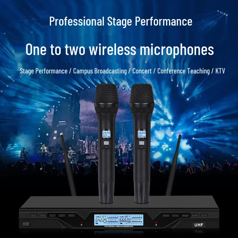 UHF Dual Metal Wireless Microphone with Adjustable Frequency and LCD Screen for Professional Entertainment Use