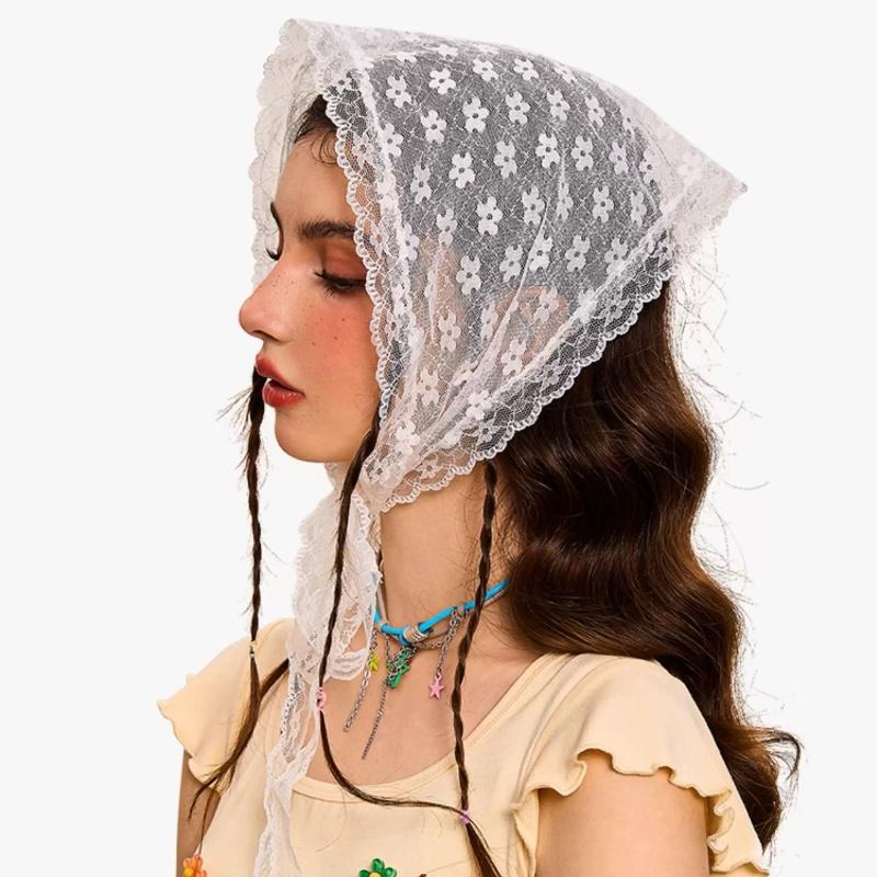 

Lace lace elegant temperament Lace female flowers white sweet triangle scarf light breathable ribbon art travel photo One Size