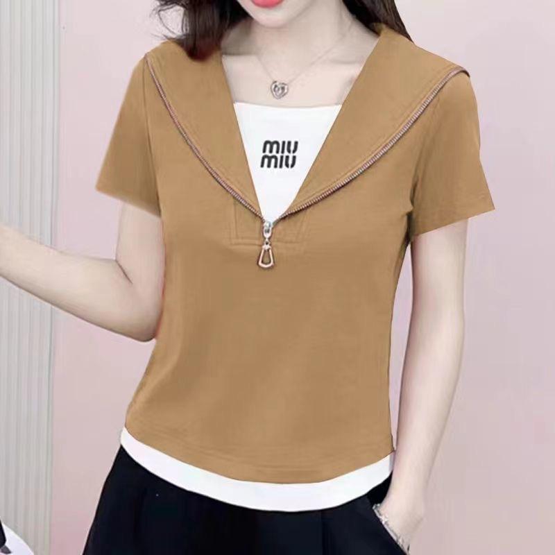 Two Fake Short-sleeved T-shirts for Women, Slim and Slimming, Half-zipped Top Clothes, Summer Thin and Stylish Outerwear, Color Matching