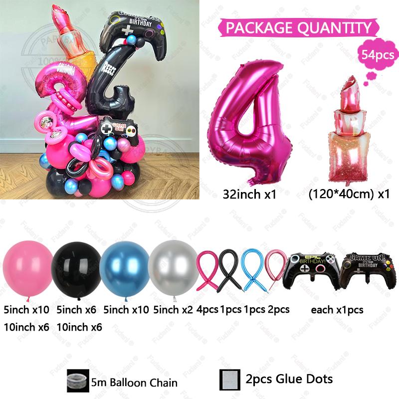 54pcs Red Lips Game Control Handle Black 1-9 Foil Digital Balloons Childrens Birthday Toys Party Decor Game Theme Party Supplies