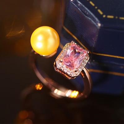 Korean Simple Electroplated Rose Gold Yellow Pearl With Pink Diamond Freshwater Pearl Ring Live Ring Female