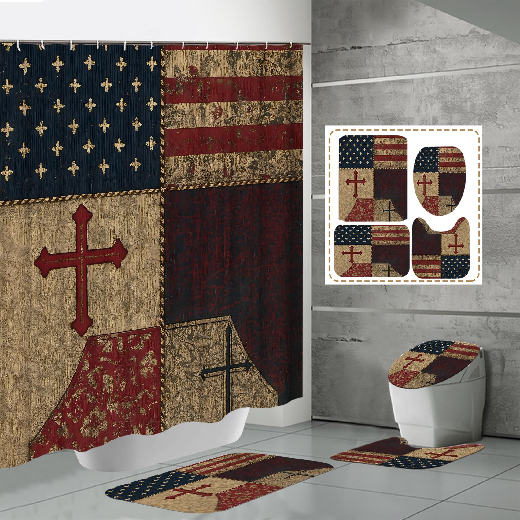 

4 ШТ. Наборы штор для душа со шторкой для душа и ковриками, коврик для крышки унитаза, U-образный коврик и коврик для ванной, набор для ванной комнаты с 12 крючками One Size