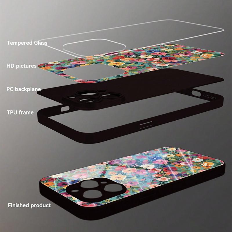 Style Colorful Floral Pattern HD Tempered Glass Phone Case For iPhone 17 16 15 14 13 12 11 Pro Max 16E 7 8 Plus XR XS X Cover