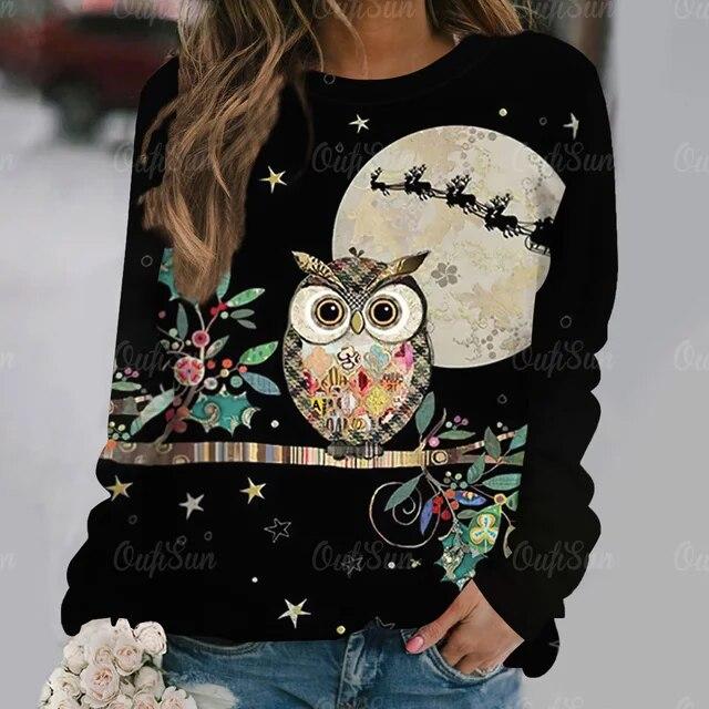 Autumn Fashion Long Sleeve T-Shirt Popular Women's Kawaii Owl Print Tees Aesthetics Round Neck Female Clothing Casual Street Top
