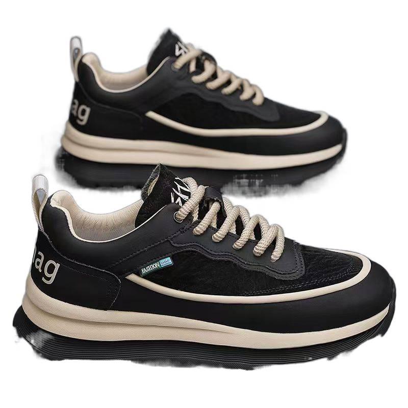 Thick-soled Travel Men's Shoes, Black Leather Surface Men's Running Anti-slip Sports Single Shoes M350