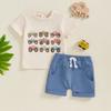 Toddler Boys Summer Outfits Retro Truck Print Round Neck Short Sleeve T-Shirts Elastic Waist Shorts 2Pcs Clothes Set