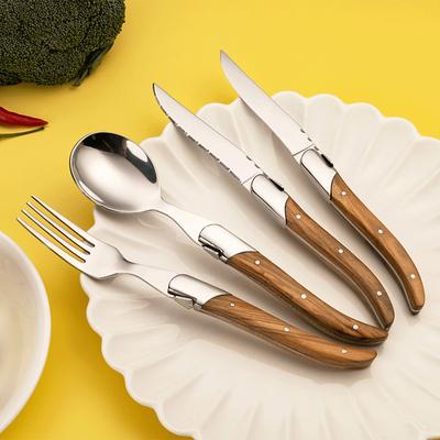 6 adet Laguiole Biftek Bıçağı Yemek Çatalı Masa Bıçağı Yemek Kaşığı Seti Zeytin Ağacı Saplı Yemek Takımı Setleri Paslanmaz Çelik Çatal Bıçak Takımı