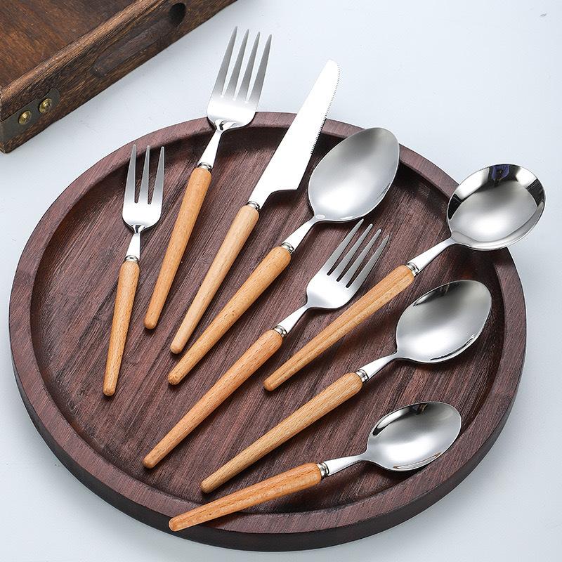 Wooden handle stainless steel knife and fork spoon Western food steak knife 304 stainless steel tableware spoon Fruit dessert fork