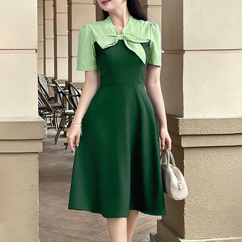 ZANZEA Rochie Casual de Damă cu Funde, Gât în V, Mânecă Scurtă, Patchwork