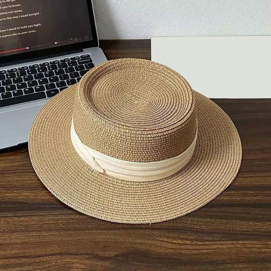 French Style Straw Hat with Large Brim Ribbon Decor Foldable Sun Protection Hat Summer Beach Travel Vacation Hat