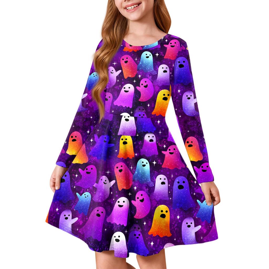 Girls' Summer Princess Dress Halloween Day- Long Sleeve A-Line T-Shirt Dress
