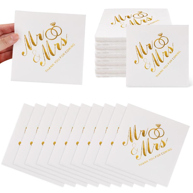 20/60/100Pcs Wedding Napkins Gold Foil Mr Mrs Paper Napkin for Wedding Dessert Table Decoration Bridal Shower Party Supplies