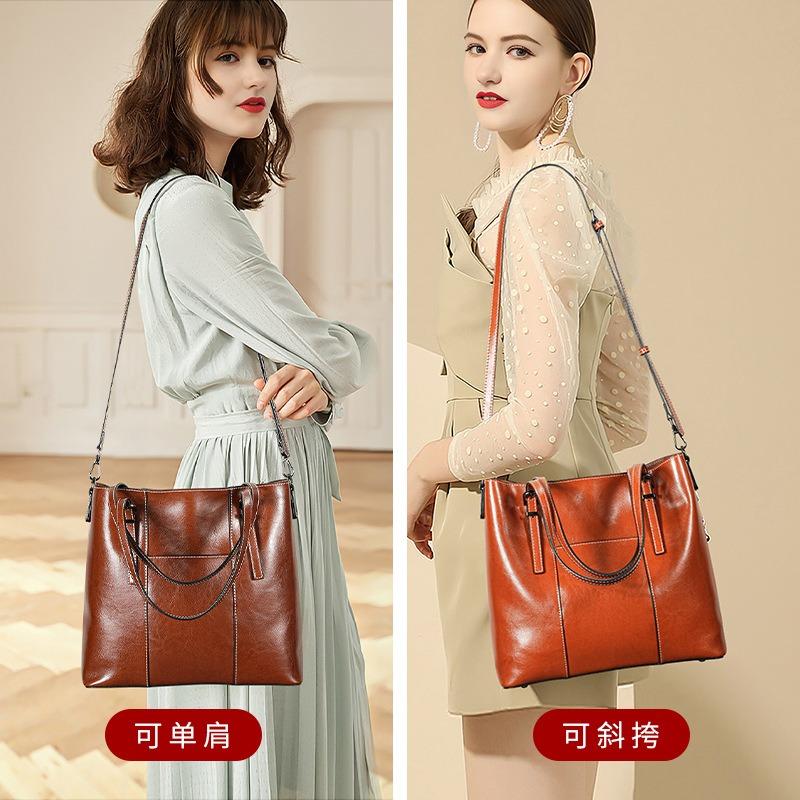 Genuine Leather Women's Bags, New Oil Wax Cowhide Fashionable Versatile Tote Bags, High-end Large-capacity Messenger Shoulder Bags