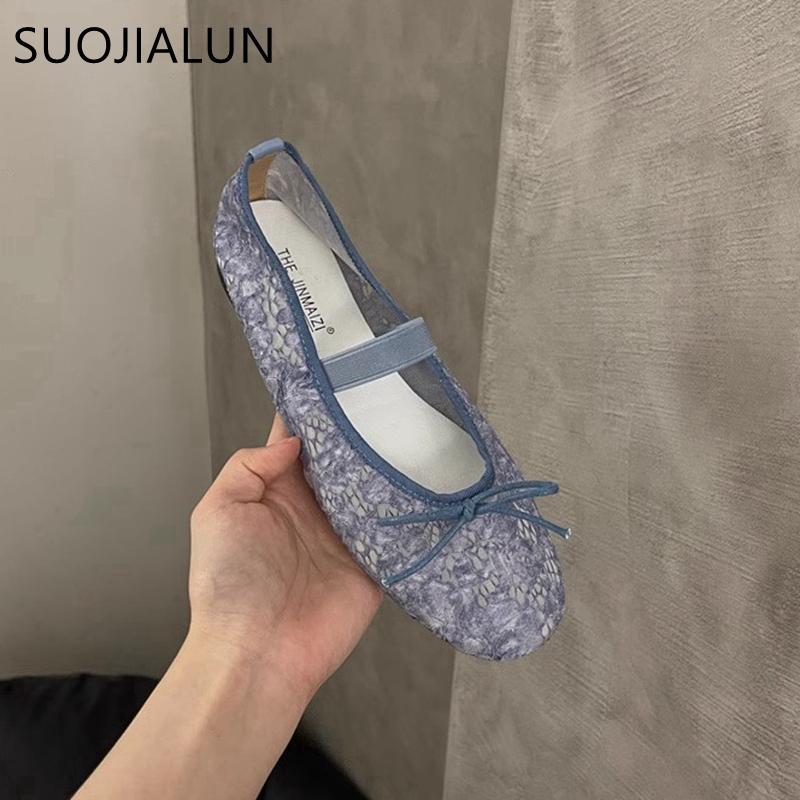 Fashion SUOJIALUN 2025 Spring New Brand Women Flat Shoes Fashion Lace Ladies Elegant Ballerina Shoes Round Toe Soft Flat Single Shoes
