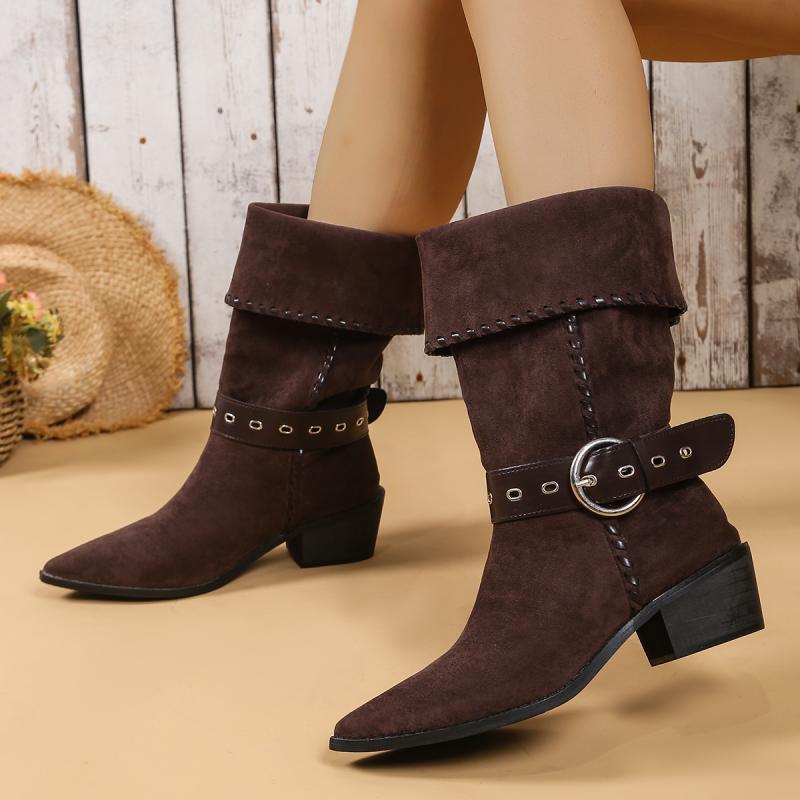 Fashion Metal Belt Buckle Decoration Riding Boots Women 2025 Autumn Sexy Point Toe Suede Western Boots Slip On Mid Calf Booties