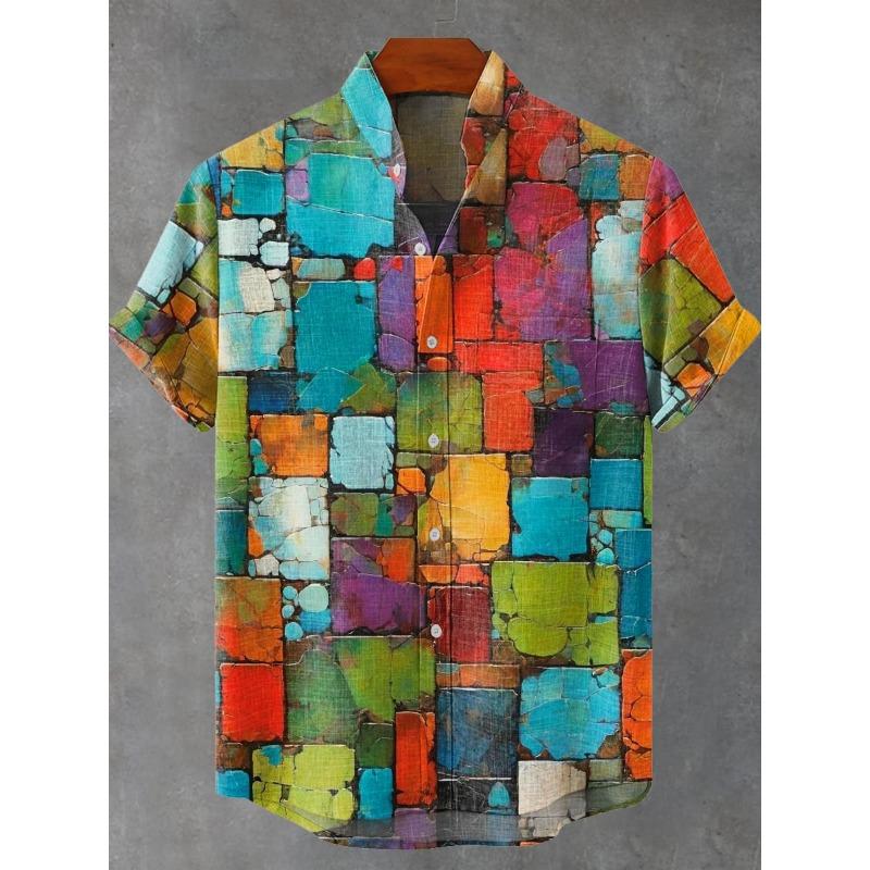 Immagine di stampa digitale 3D di camicia a maniche corte in lino, progettata per atmosfera di festa maschile, stile casual, camicia da uomo retrò