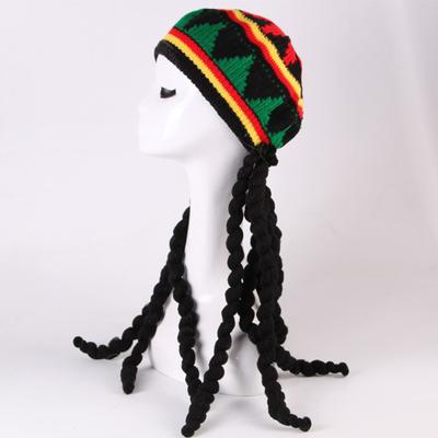 Unisex Novelty Knitted Hat Contrast Color Printing Skin-friendly Fake Long Braids Knitted Beret for Halloween Party
